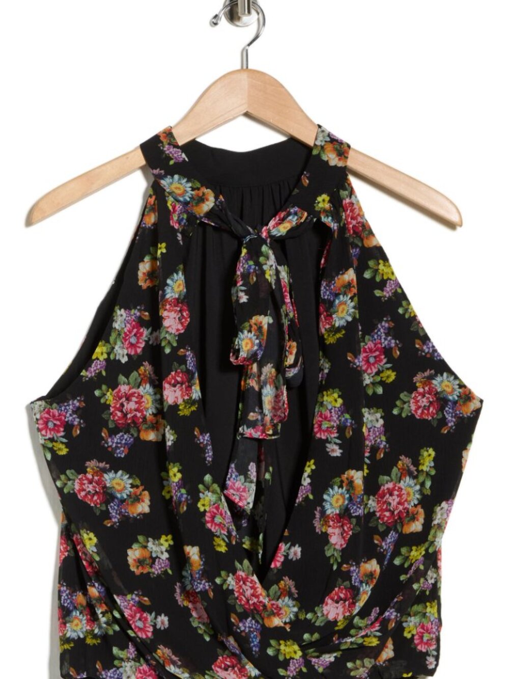 NWT ALICE + OLIVIA Maris Floral Halter Top Magnolia Black Tie Back Small - Picture 4 of 4